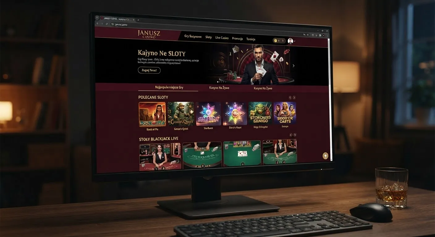 Zrzut ekranu przedstawiający wybór gier kasynowych w Janusz Casino, w tym sloty i gry na żywo.