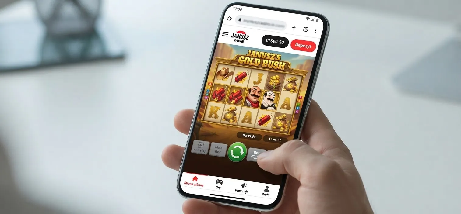 Widok responsywnej strony Janusz Casino na ekranie smartfona, przedstawiający wybór gier.